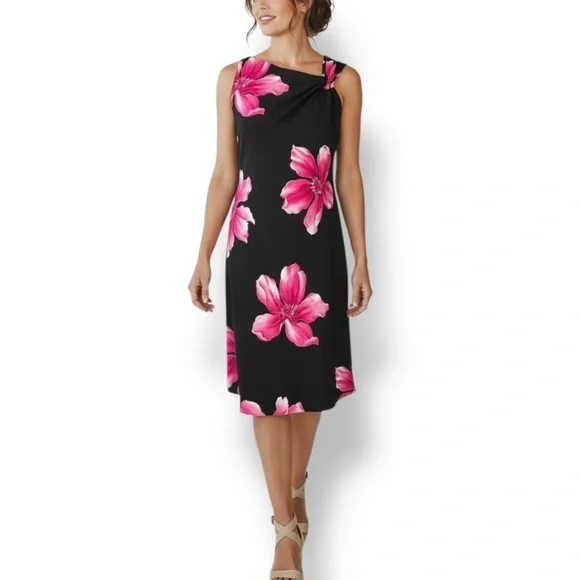 4/$20 S.L. Fashions Petite Black Pink Floral Sheath Dress Size 10P - Picture 1 of 5